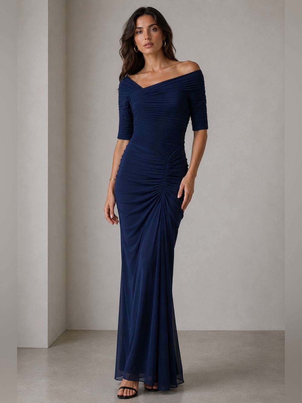 Tadashi Shoji Navy Ruched Draped Off Shoulder Formal Gown Size Small